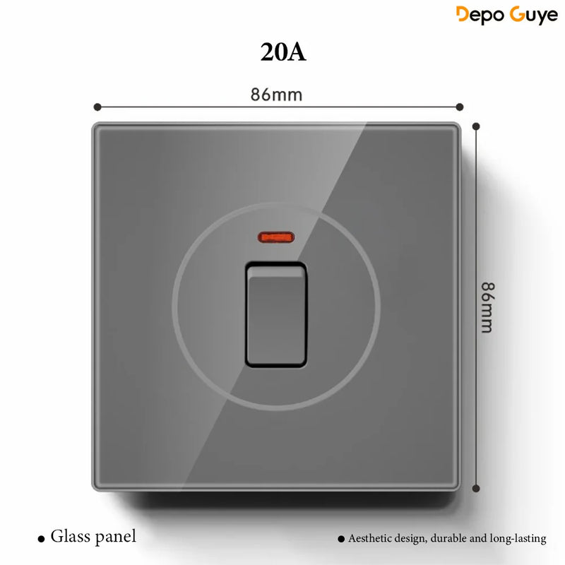 Grey Tempered Glass UK Standard 13A Wall Switch Socket with LED USB Type-C TV CAT6 Data Outlet British Electrical Wall Panel