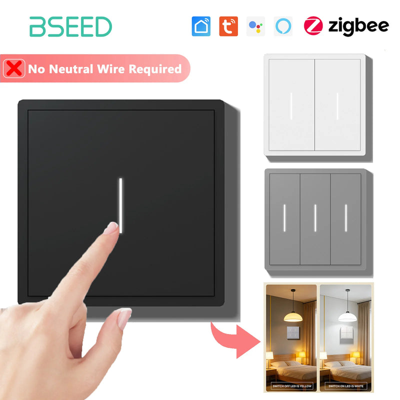 BSEED Zigbee Button Light Switch 1/2/3/4Gang Smart Wall Switch Tuya Smart Life Alexa Voice Control Plastic Frame No Neutral Line