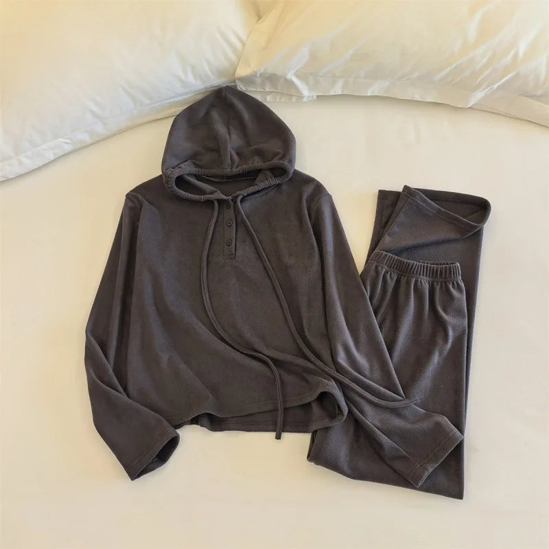 Winter Women's Pajamas Loose Hooded Korean Shake Fleece Sports Outerwear Home Clothes Spring Autumn Sleepwear Set Two Piece