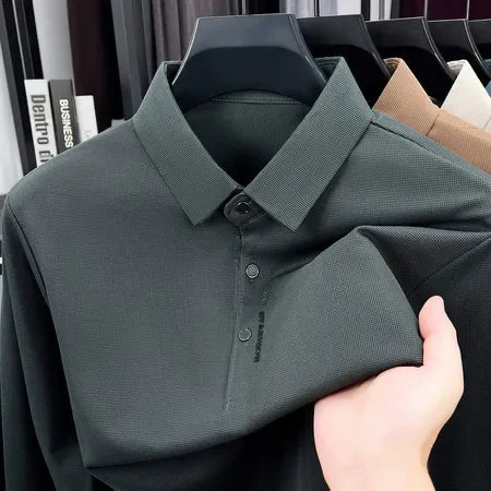 Spring Autumn Mens Lapel Polo Tops High Elastic Wrinkle Resistant Material Simple Chest Letter Print Slim Fit Menswear