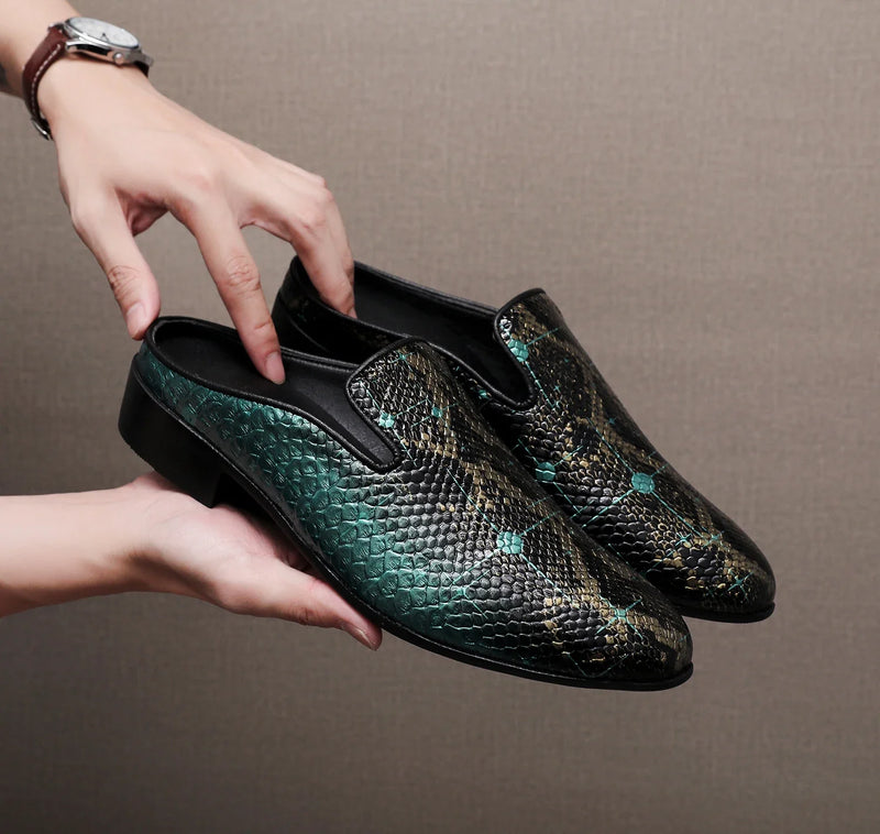 Big Size Mens Backless Mules Pointed Toe Slip on Loafers Men Low Heel Python Pattern Half Slippers Party Dress Shoes