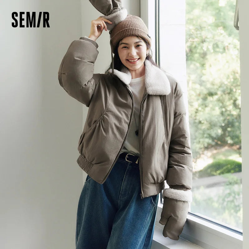 Semir Cotton Coat Women Winter Fleece Lapel Glove Loose Paneled Textured 2025 New Fashion Retro Casual Cotton Jacket