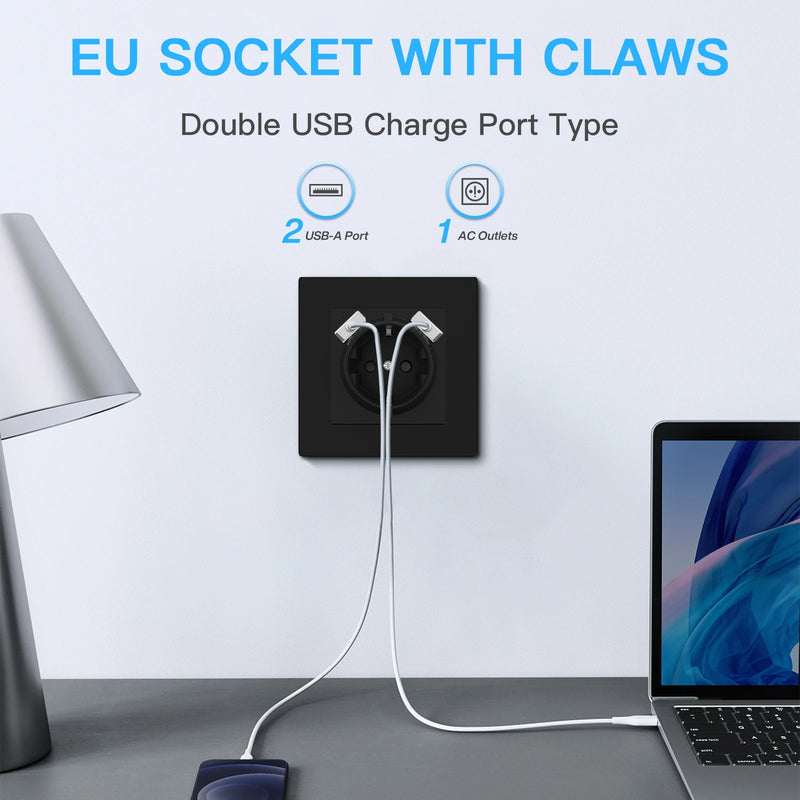 BSEED Single Wall Power Socket Double Type-C USB Phone Charge Port Triple Outlets Black Plastic Panel 16A 110V-240V