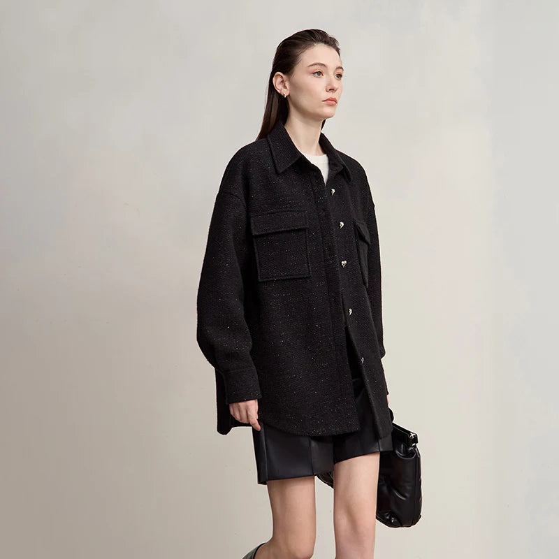 AMII Elegant Women's Coat 2026 Winter New Casual Turn-Down Collar Woman Jacket Loose Knitted Long Sleeves Coat Ladies 12554016