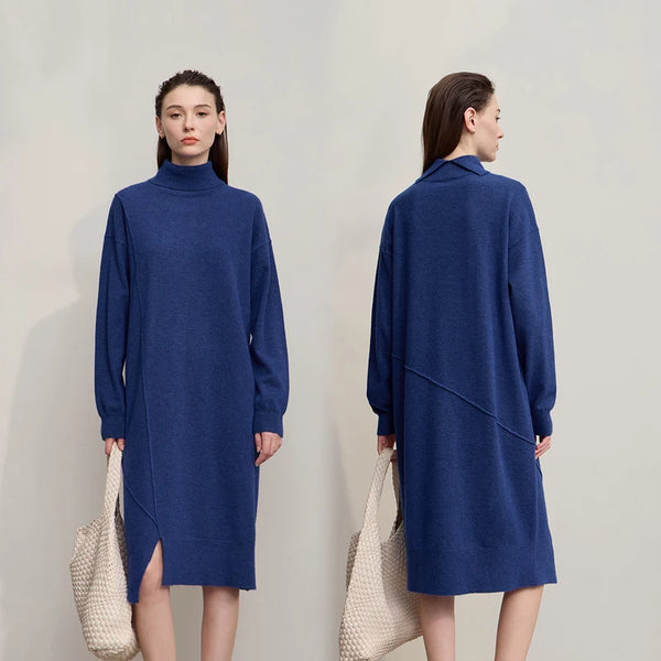 AMII Womens Dresses 2026 Winter New Turtleneck Long Sleeves Asymmetrical Dresses For Woman Knit Loose Ladies Clothing 12553015