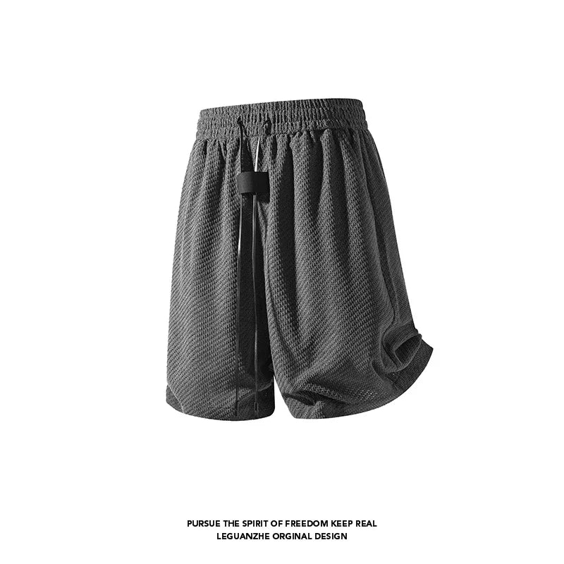 Male Summer Streetwear Shorts Waffle Textured Fabric Elastic Waist Long Drawstring Curved Hem Relaxed Cut For Outings