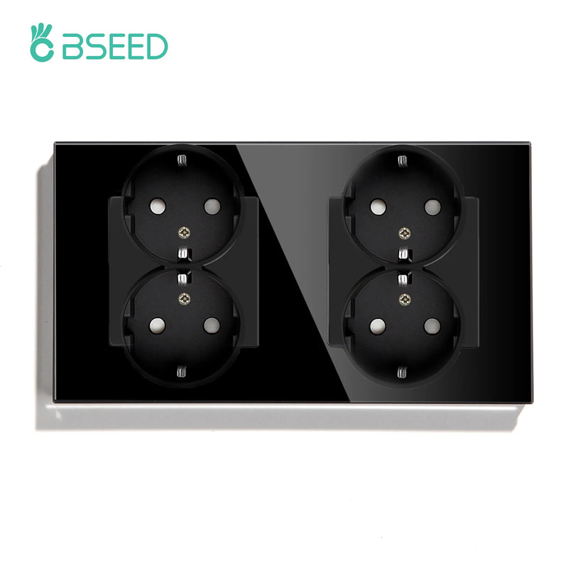 BSEED EU Wall Sockets Double Power Outlets White Black Double Frame USB Type-C Phone Charge Port Glass Panel Kids Protection 16A