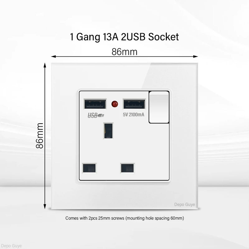 UK Standard 18W Type-C Fast Charging Universal Dual 3pin Power Outlet,White Tempered glass Wall light Switch Panel  For Home