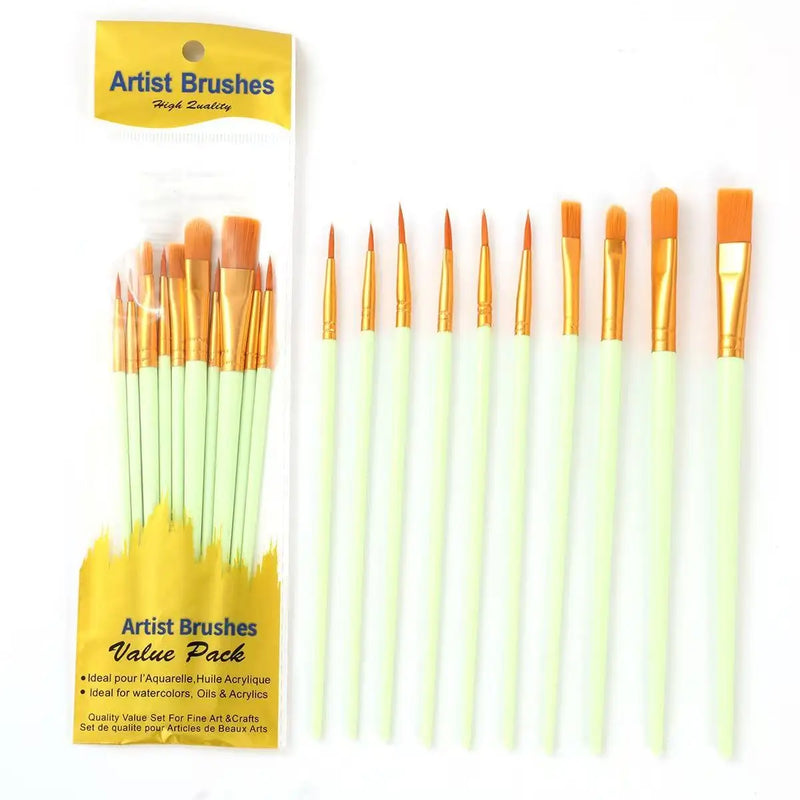 10 Pcs Nylon Hair Paint Brushes Set, Pearl Plastic Handle Watercolor Oil Acrylic Painting Brush for Students Beginners