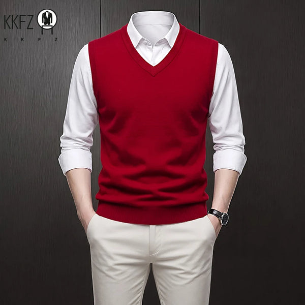 V Neck Sleeveless Plain Knit Vest For Men Soft Handfeel Knitwear Business Formal Sweater Tank Top Autumn Layering Clothes