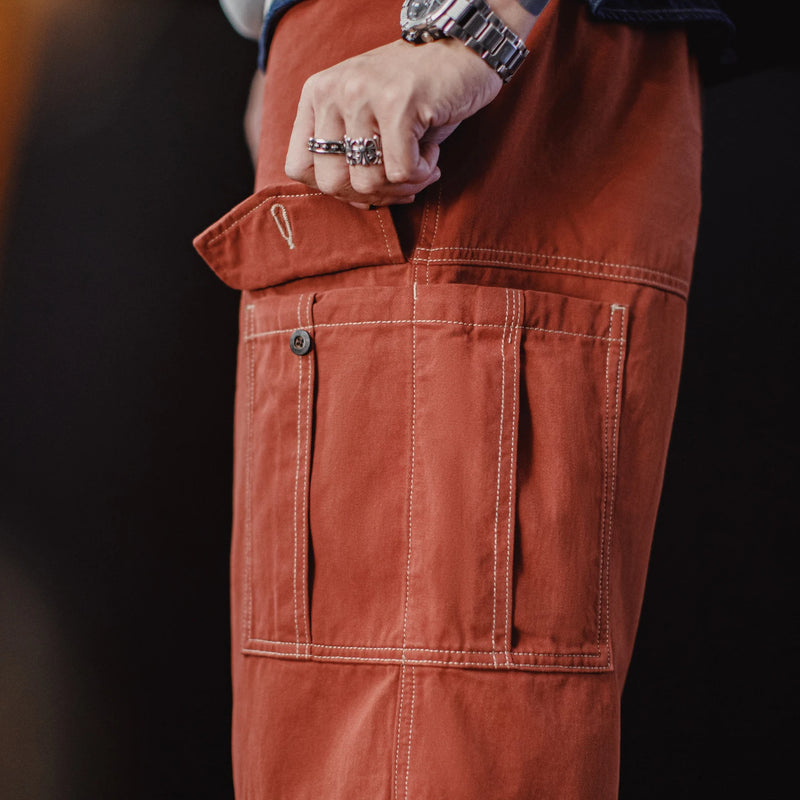 Maden Men's Retro Utility Cargo Pants Red Straight Joggers with Drawstring Waist Elastic Cuffs Multi-Pocket Trousers for Spring