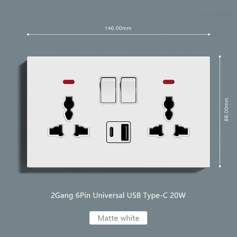 UK Standard Power Socket 13A Quick charge Plug 20W Smart Type-C Wall Outlet,220V Electrical Universal Wall Light 2way Switch