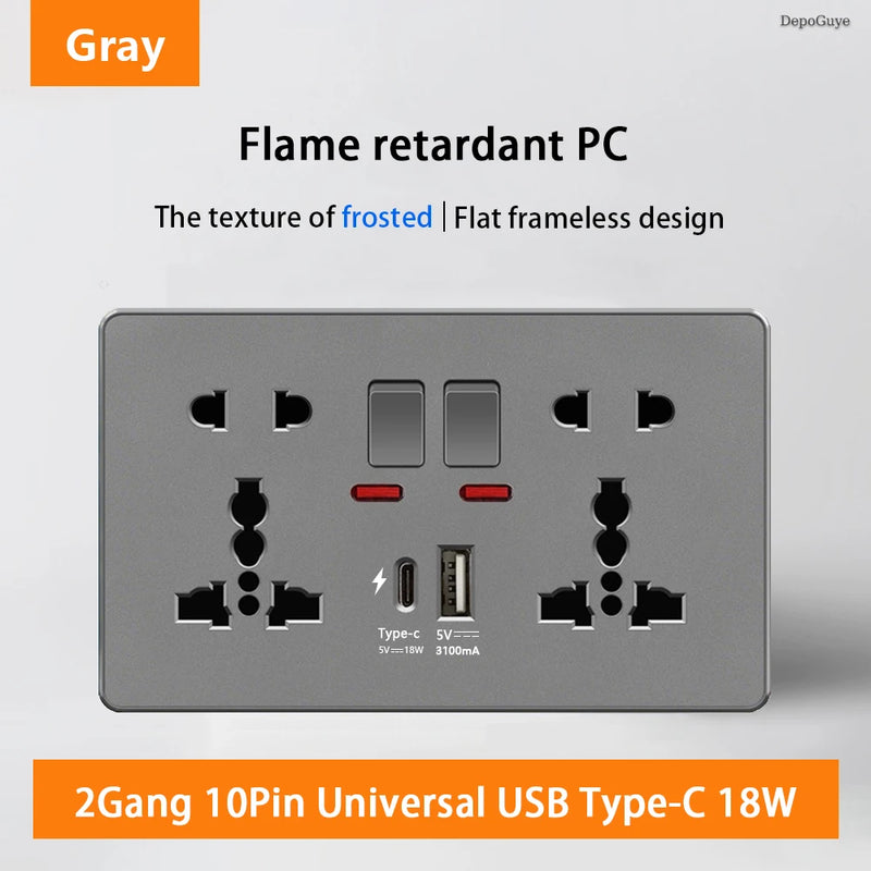 18W Type-C Plug Quick Charging Universal 5-pin Dual Power Socket,UK Standard 13A Wall Socket with DC 5V 3.1A Type-c USB Charger