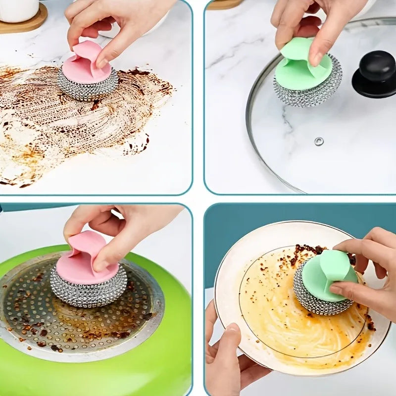 2pcs Stainless Steel Cleaning Ball BrushWire Cleaning Balls with Ergonomic Sponge Handles,Kitchen And Home Cleaning.