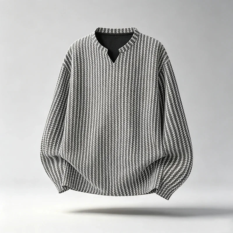 Men Casual Textured Knit Long Sleeve Tee V Notch Collar Vertical Stripe Oversized Fit Male Streetwear Top