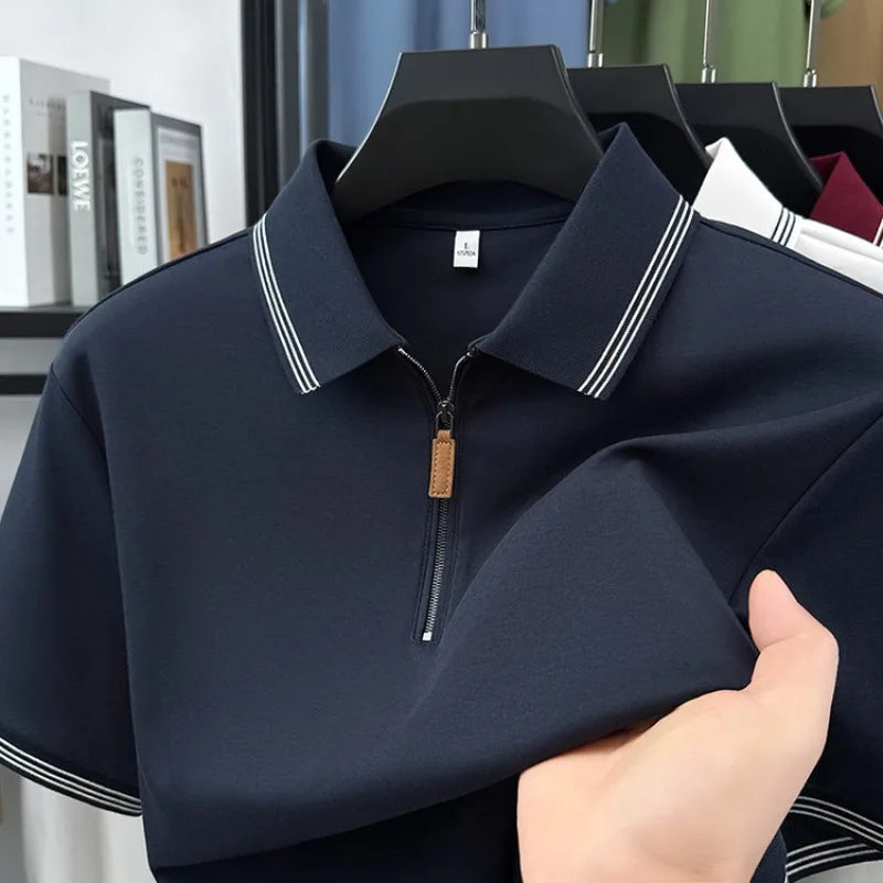 100% Cotton  Men's Premium Zip-Up Polo Shirt – 7A Antibacterial, Quick-Dry Business Casual