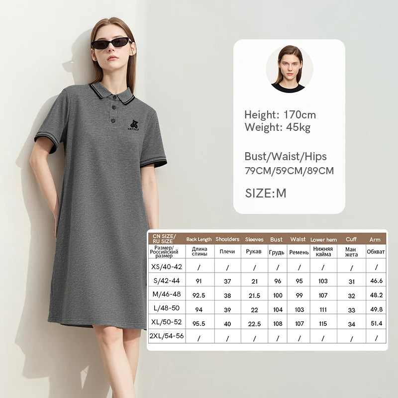 Amii Woman Dresses 2026 Summer New Color Block POLO Collar Midi Dress Women Loose Casual Short Sleeve Rhinestone Skirt 12622066
