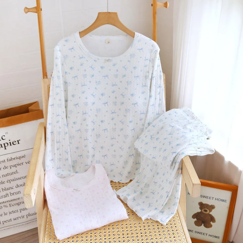 Cotton Women's Floral Pajamas Set 2 Piece Sleepwear Chest Pads Loungewear For Autumn Long Sleeves Trousers Home Clothing Set