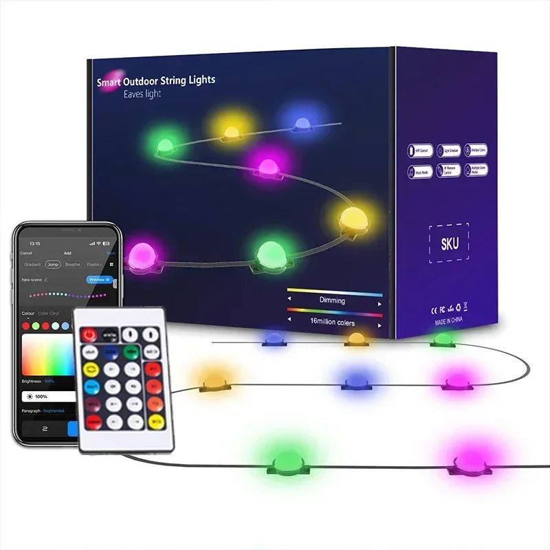 ភ្លើង LED RGB Eaves IP65 ភ្លើងខ្សែឆ្លាតវៃក្រៅផ្ទះ ភ្លើងខ្សែពណ៌ DIY សម្រាប់ដំបូលផ្ទះ រានហាល ហាឡូវីន បុណ្យណូអែល