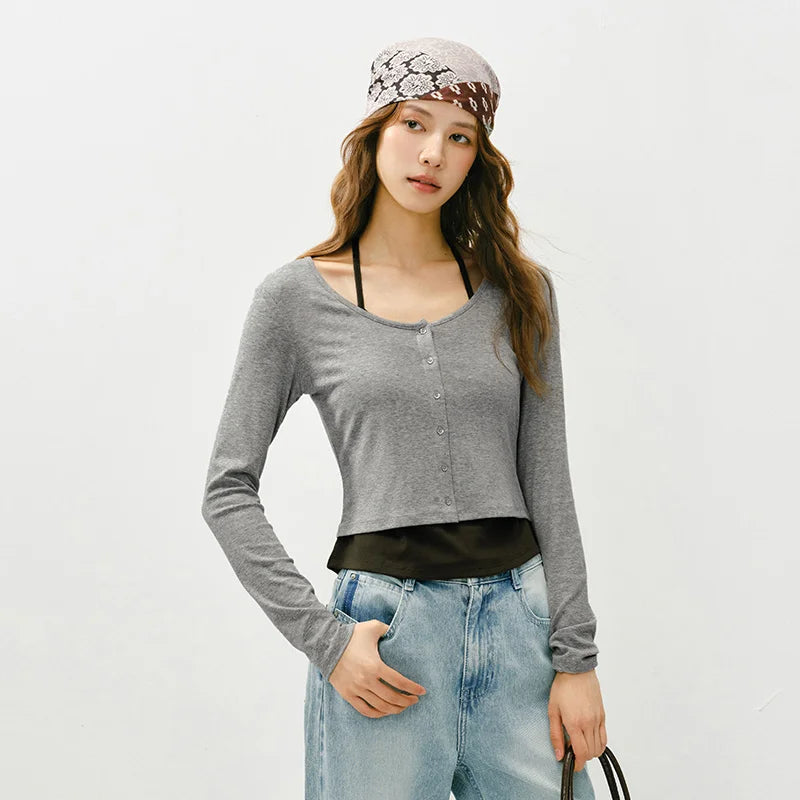 Semir Women Tshirt 2026 Spring Short Halter Neck Slim Fake Two Piece Elegant Trendy Long Sleeve Fashion Tops