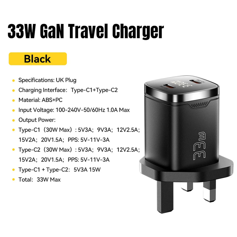 ឆ្នាំងសាក Essager 33W GaN Dual USB Type C PD សាកថ្មលឿនសម្រាប់ iPhone 17 16 15 14 13 Pro Max iPad ឆ្នាំងសាកទូរស័ព្ទអេក្រង់ឌីជីថល