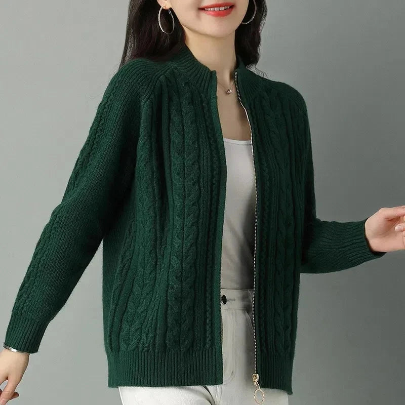 Half High Collar Zipper Knitted Cardigan Jacket Women Autumn Winter New Solid Color Long Sleeve Cardigans Thicken Sweater Coat