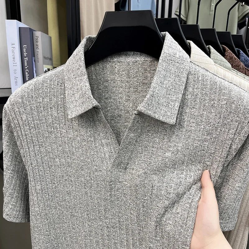 Men's Knitted Polo T Shirt Short Sleeve Ribbed Striped Design Breathable Fabric Lightweight Casual Business Summer Top