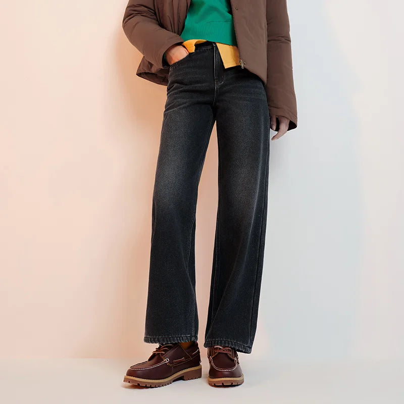 Semir Wide Leg Jeans Loose Fit Fleece Lined Women 2025 Winter Retro Style Casual Fashion Long Denim Comfortable Pants