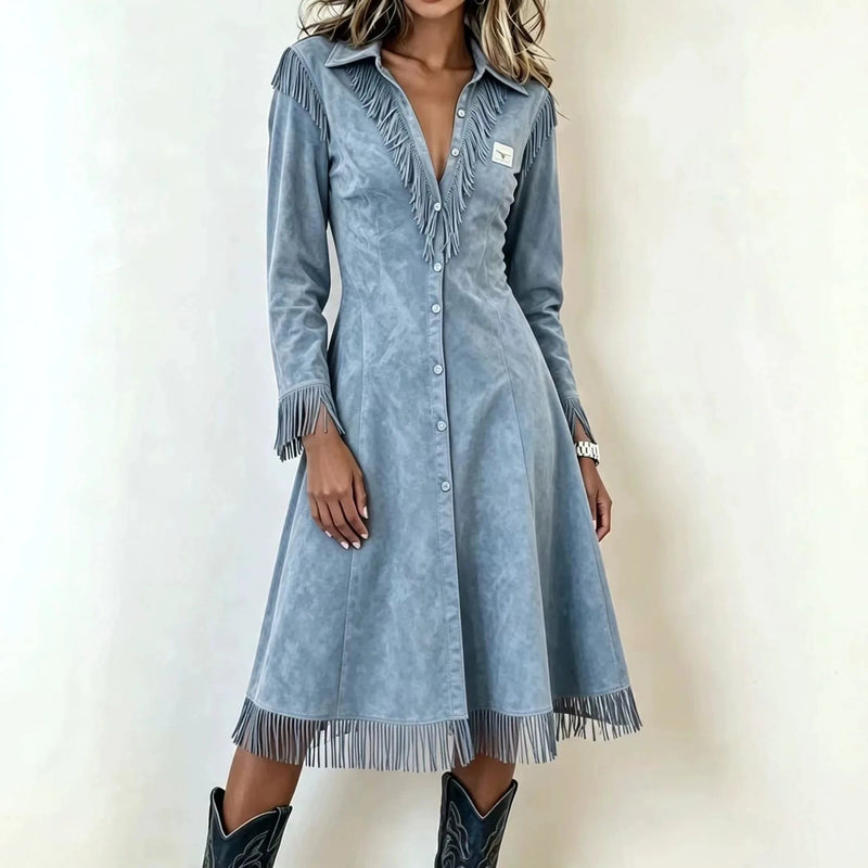 Women's Western-style Long-sleeved Trench Coat;A Figure-hugging Jacket with Fringe Details for Spring/Fall; Blue,Red,Black,Brown