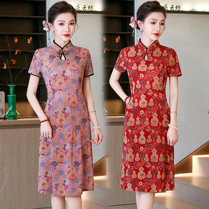 រ៉ូប Cheongsam រដូវក្តៅ កអាវផ្កាបាក់ សម្លៀកបំពាក់នារី រ៉ូបចង្កេះរាងអក្សរ A បែបចិនបុរាណ