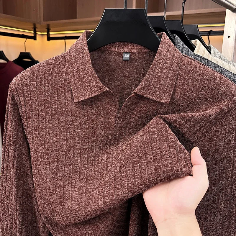 Spring Fall Men Lapel Knitted Pullover Polo Long Sleeve Vertical Ribbed Soft Light Business Daily Wear Tops