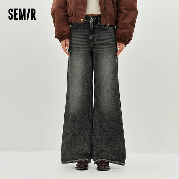 ខោខូវប៊យ Semir សម្រាប់នារី មានខ្សែក្រវាត់ ស្រទាប់ក្នុងក្រណាត់រោមចៀម រាងមូល រលុង បោកគក់ មានស្នាមប្រេះ ឆ្នាំ២០២៦ ខោខូវប៊យចង្កេះខ្ពស់ បែប Vintage Streetwear