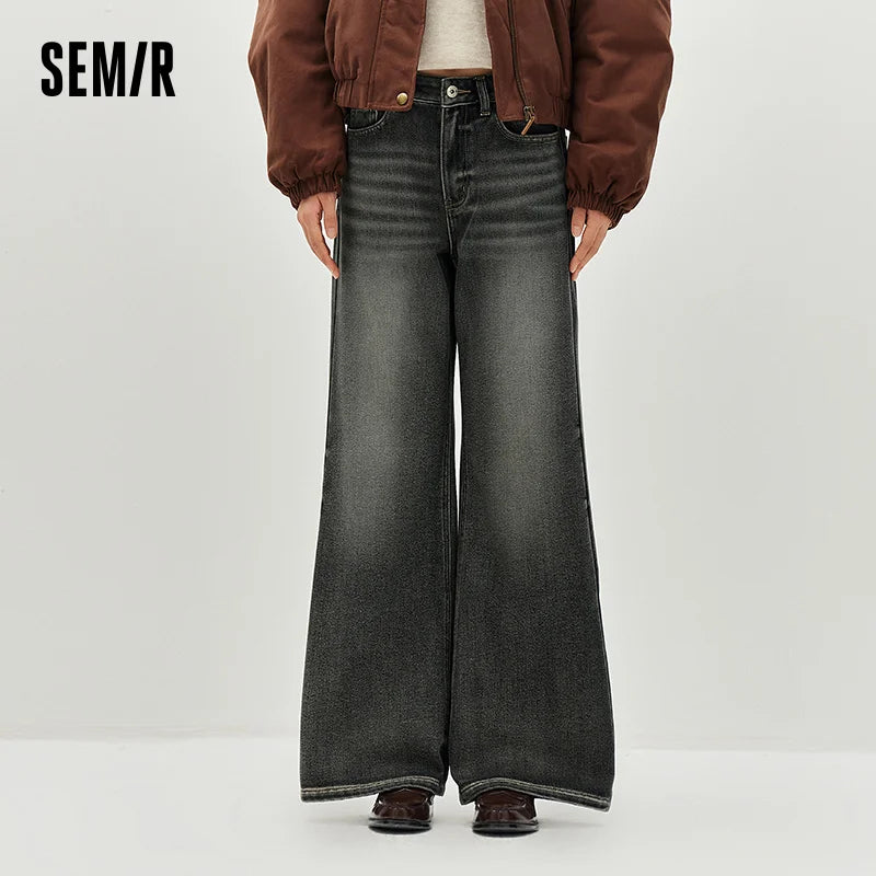 Semir Women Jeans Belted Fleece Lined Flared Loose Fit Distressed Wash 2026 Vintage HighWaist Streetwear Denim Pants