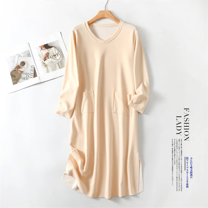 Warm V-neck Home Dress Women's Winter Plush Self Heating Sleeping Large Size Loose Thickened Nightgowns Female Nightdress