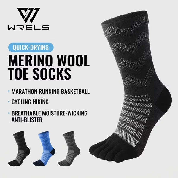 WRELS 1/2/3 Pairs Merino Wool Camping Toe Socks Anti‑Blister Crew 5 Finger Socks Moisture Wicking Arch Support Warm Hiking Socks