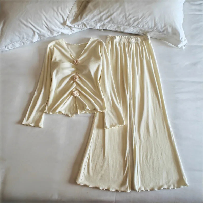 Warm Winter Nightwear Sexy V Neck Chest Pad Top Pant Suit Island Velvet Pajama Set Woman Korean Sleepwear For Sleeping Home