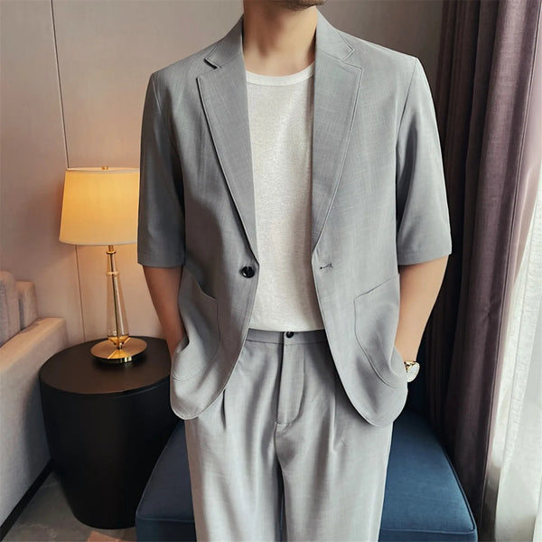 Men's Imitation Linen Short-Sleeve Suit Set – Lightweight Blazer & Wide-Leg Trousers for Summer Business & Casual Wear