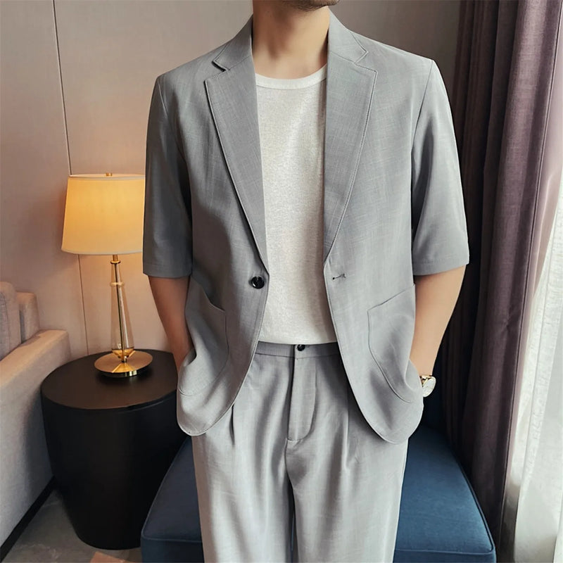Men's Imitation Linen Short-Sleeve Suit Set – Lightweight Blazer & Wide-Leg Trousers for Summer Business & Casual Wear