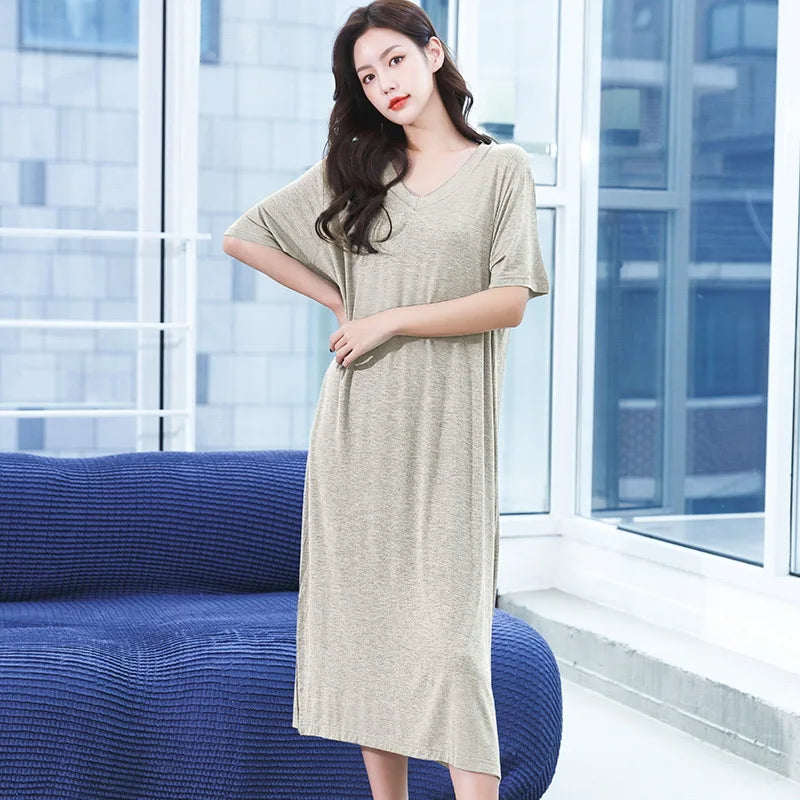 Loose Night Dress Women New V Neck Short Sleeve Sleepshirt Modal Comfortable Long Nightdress Oversize Nightgowns Female