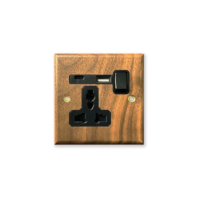 Retro Uk 13A Wall 2gang2way Light Switch,antique Villa High Power USB C Fast Charging Solid Wood Socket,home Speed Dimming Panel