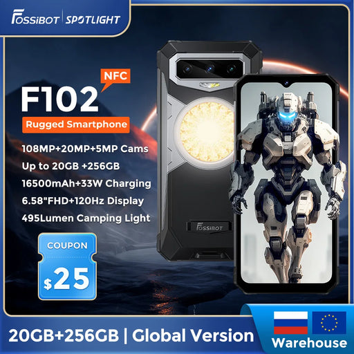 FOSSIBOT F102 Rugged 20GB+256GB 16500mAH Android 13,6.58 FHD, Camping Light Waterproof, NFC 108MP,Helio G99 33W Fast Charging