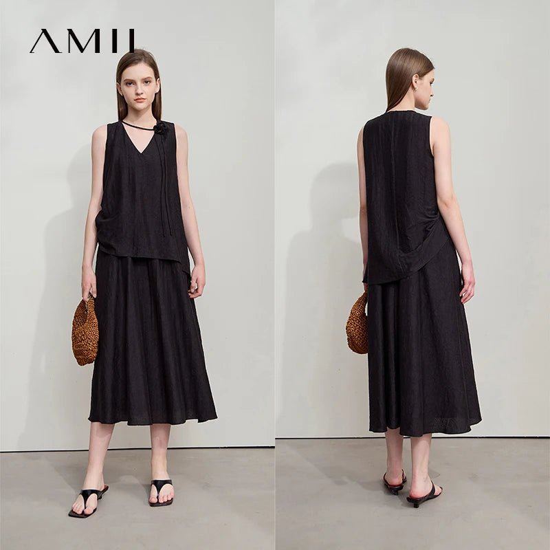 រ៉ូប Amii Minimalism សម្រាប់នារី រដូវក្តៅ ឆ្នាំ២០២៥ រ៉ូបការិយាល័យថ្មី រចនាបទបែប Bandeau រាងអក្សរ A រ៉ូបផ្កា រ៉ូបវែង 12542234