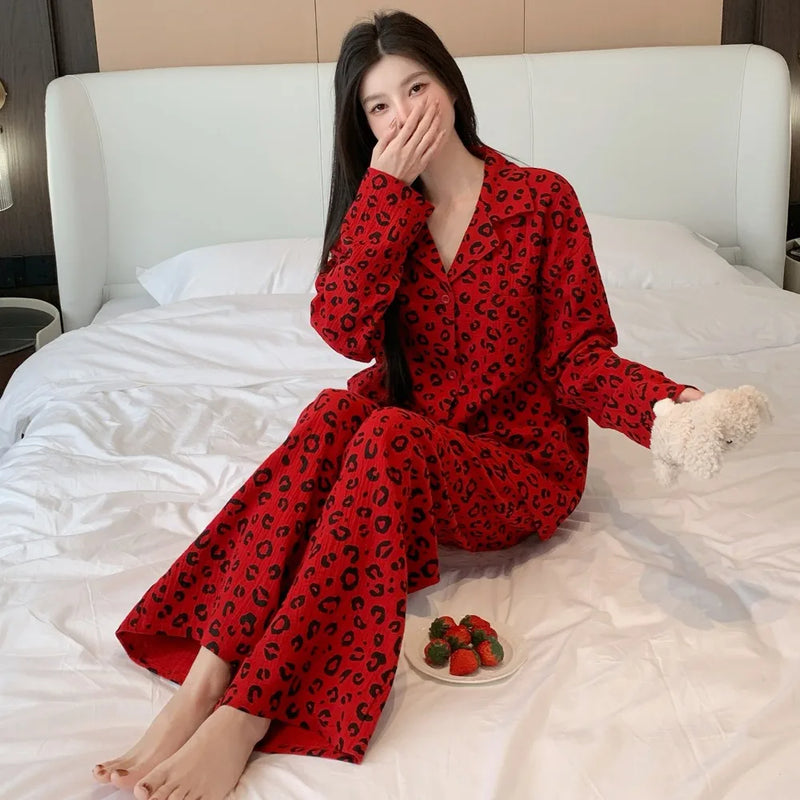 Leopard Print Cotton Pajamas Woman Sleepwear Home Wear Spring Autumn Long Sleeve Nightwear Women's 2-piece Sets Pijama Pyjamas