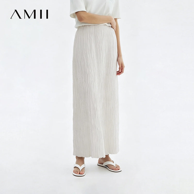 Amii Pleated Women's Skirt 2026 Summer New Elastic Waist Flowy A-Line Midi Skirt Casual Versatile Women's Clothing 12622123