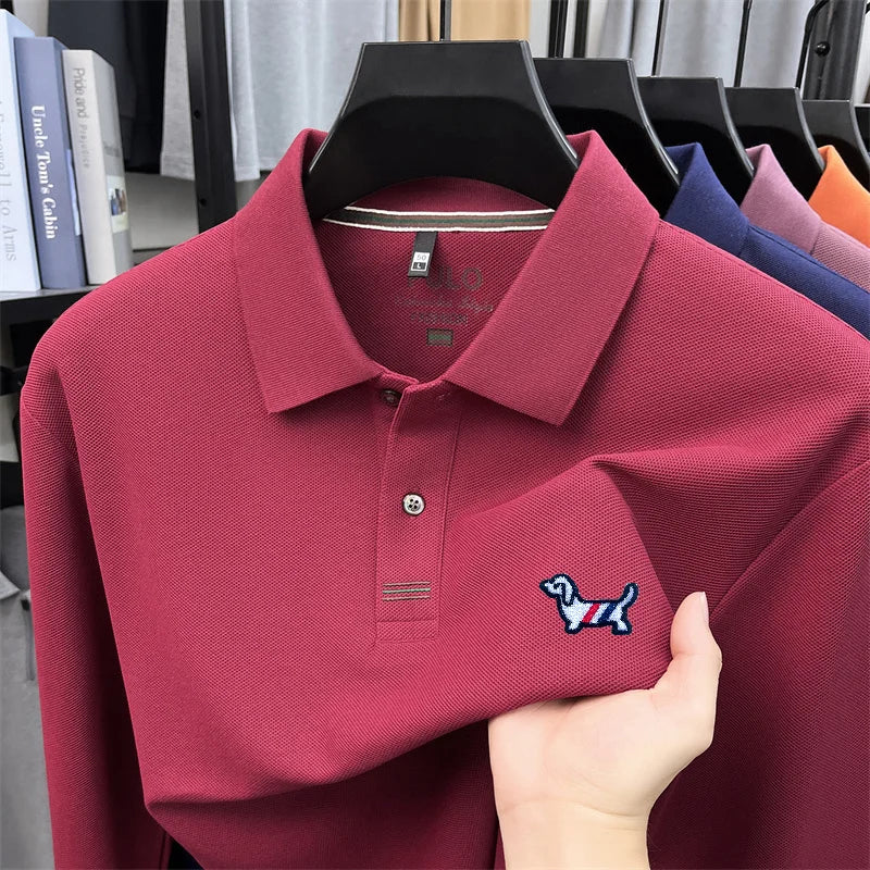 100% Cotton Men Long-Sleeve Polo Shirt Lapel Button Dog Embroidery Breathable Comfortable Autumn Winter Business Casual Menswear