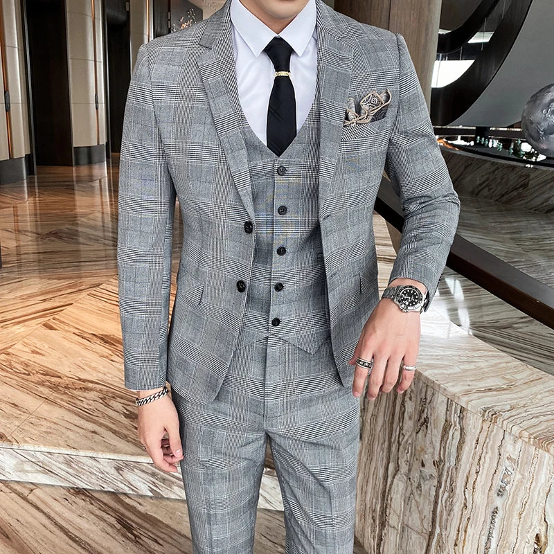 2026 Men Black Classic Striped/Checked Suits, Men's Business Office 3-Piece, Asian Size Slim Fit Sets, Blue/Gray Available