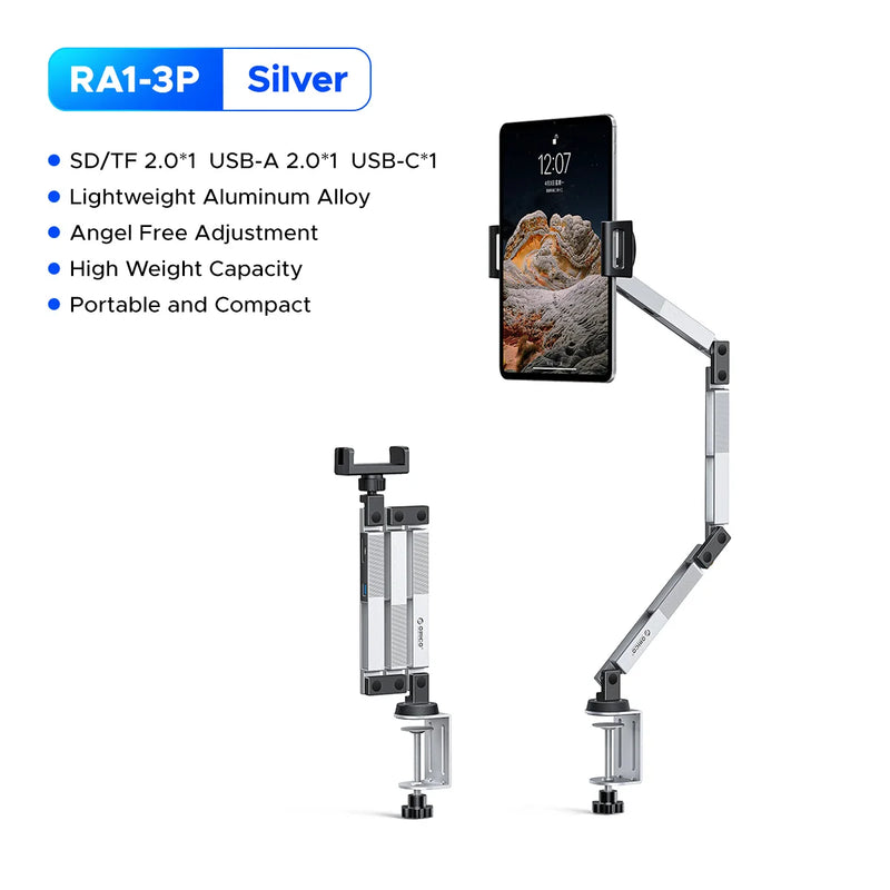 ORICO Clamp On Mechanical Arm Stand 360° Rotatable Foldable with SD TF USB-A 2.0 Interface for Tablet and Phone