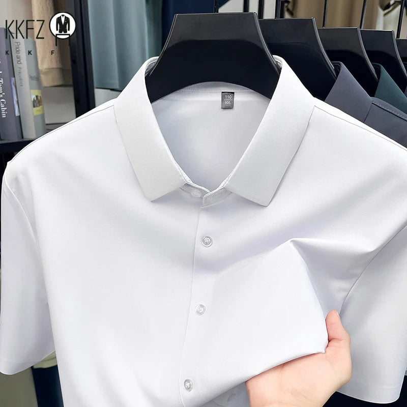 Men Summer Casual Short Sleeve Button Up Shirt Ice Silk Breathable Wrinkle Free Business Formal Shirt