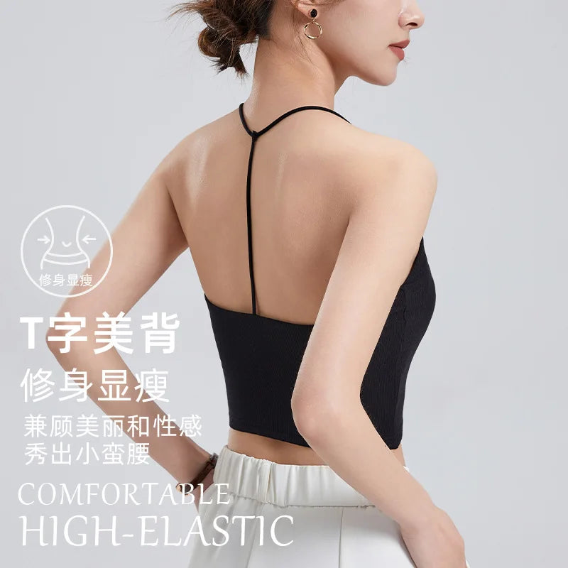 One Piece Beautiful Back Underwear Chest Pad Umbilical Sling Vest Women's Sleepwear Base Shirt Modal Female Pajamas Tops