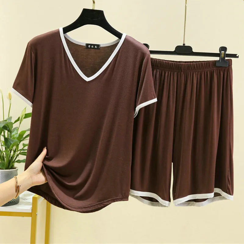 Summer Ensemble Femme 2 Pièces New Modal Short Sleeve Sleepwear Set V Neck T-Shirt Shorts Suit Casual Pajamas Women Nightwear